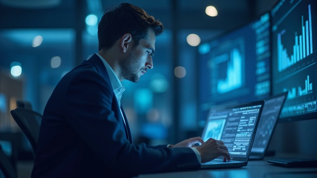 Профессиональный офис с ноутбуком и аналитикой данных на экране